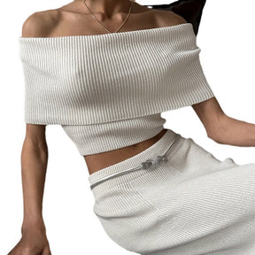 HH24036 Off-shoulder Slim-fit Crop-top High Waist Woolen Skirt