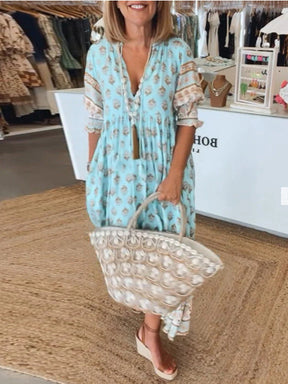 Summer Bohemian Print Lantern-Sleeved Dress Fashion Loose V-Neck Ruffle Long Dress Beach Clothing For Women