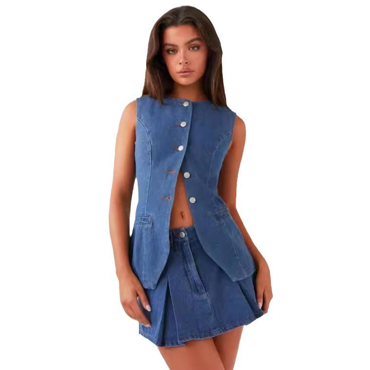 Fashion Sleeveless High Waist Women's Suit Denim