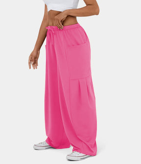 Fashionable And Stylish Elastic Waist Pleated Wide Leg Pants