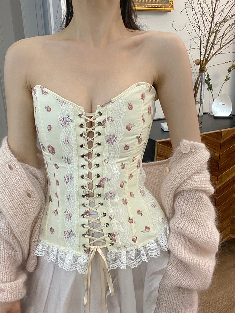 French Vintage Lace Herringbone Tube Top Corset