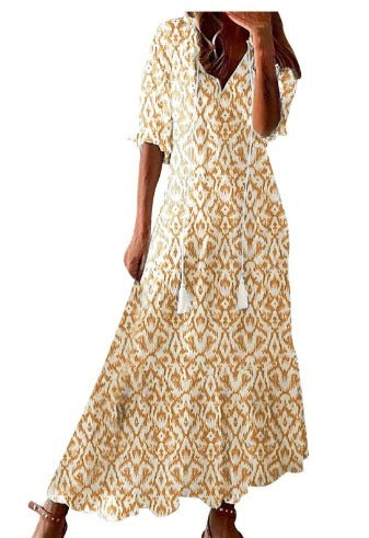 Long Sleeve Loose Bohemian Printed V-neck Maxi Dress