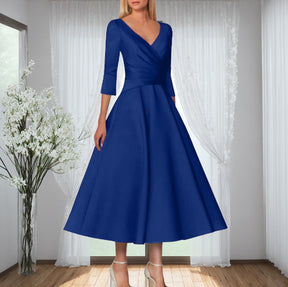 European And American New V-neck Half Sleeve Dress Solid Color Simple Waist Fitted Pettiskirt
