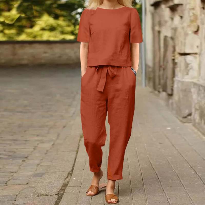 Women's Cotton Hemp Half Sleeve O-Neck Oversized Hoodie Wide Leg Pants Retro Set Two Pieces