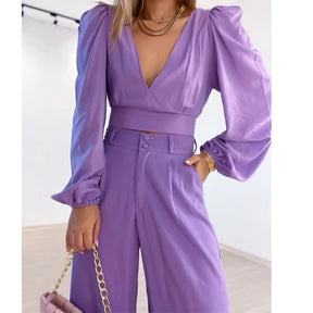 Women's Graceful And Fashionable Casual V-neck Long Sleeve Shirt High Waist Wide Leg Pants Suit