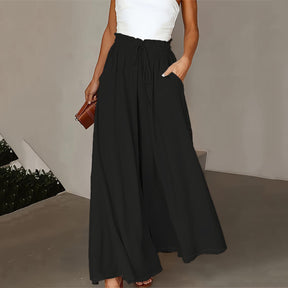 Plus Size Wide Leg Pants - Stylish Solid Paper Bag Waist Design, Elegant Pocket Tie Front, Loose Fit For Comfort, Perfect For Spring & Summer, Women's Fashionable Clothing For Curvy Figures