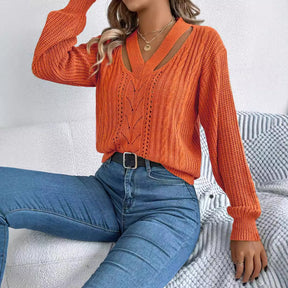 Hollow Out V-neck Twist Lantern Sleeve Pullover Sweater