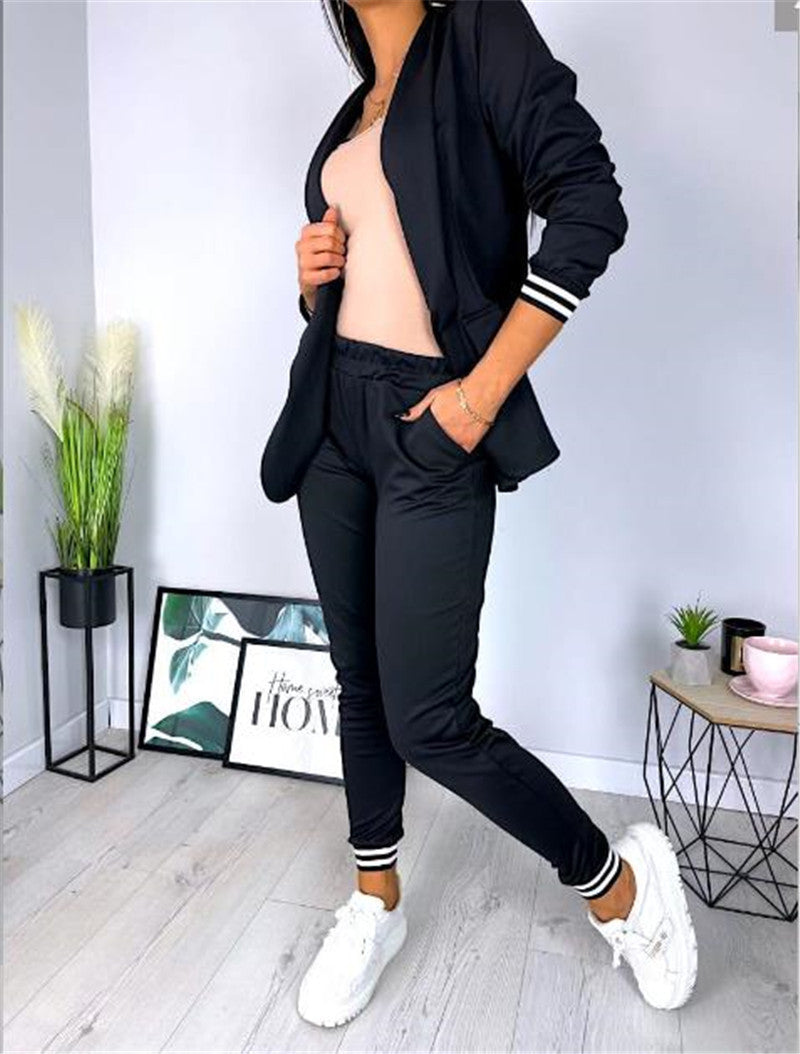 Casual Solid Color Long Sleeve Suit Trousers Two-piece Set