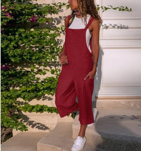 Cotton And Linen Casual Loose Long Wide Leg Jumpsuit