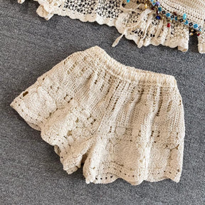 Cardigan Jacket High Waist Crocheted Shorts Beach Holiday Hot Spring Casual Suit