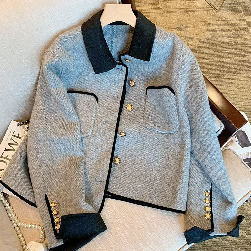 Gray Woolen Thick Coat Women's Elegant Jacket