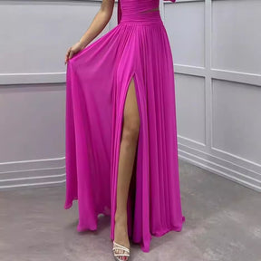 Women's Casual Off-shoulder Solid Color Pleated Hollow Dress