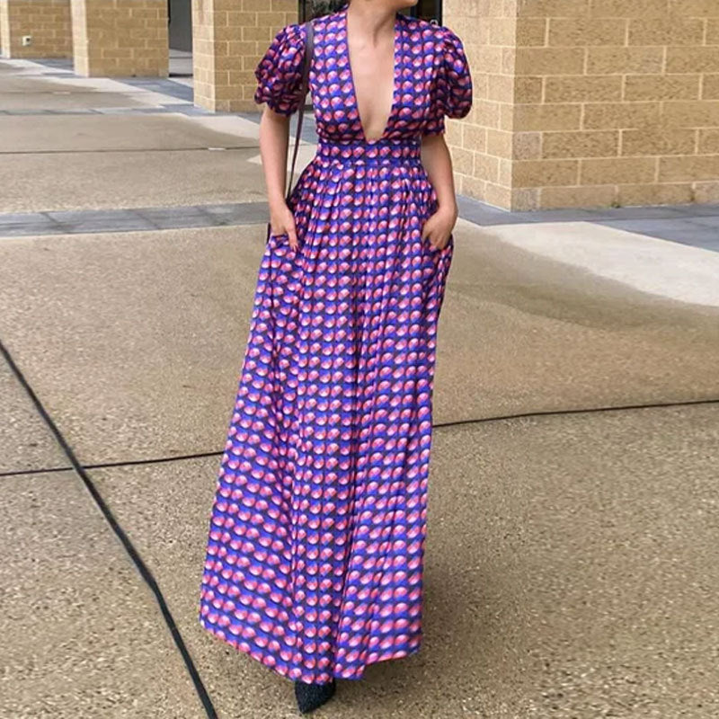 Summer Women's Clothing Personality Geometry Printed Puff Sleeve Dress