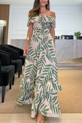 Off-neck Elastic Waist Large Swing Dress Holiday Dress