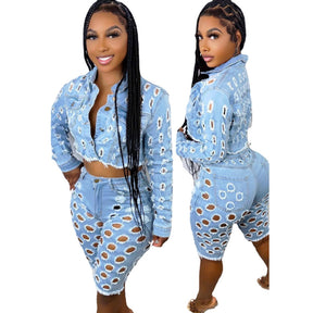 Women's Fashion Hole Jeans Jacket Two Piece Set