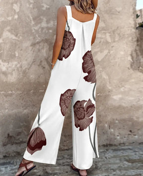Floral Print Adjustable Strap Pocket Design Wide Leg Suspender Jumpsuit