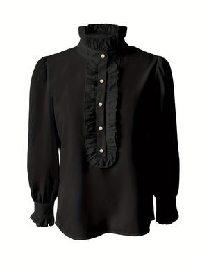 Fashionable Stand-up Collar Long-sleeved Shirt With Lotus Leaf Hem