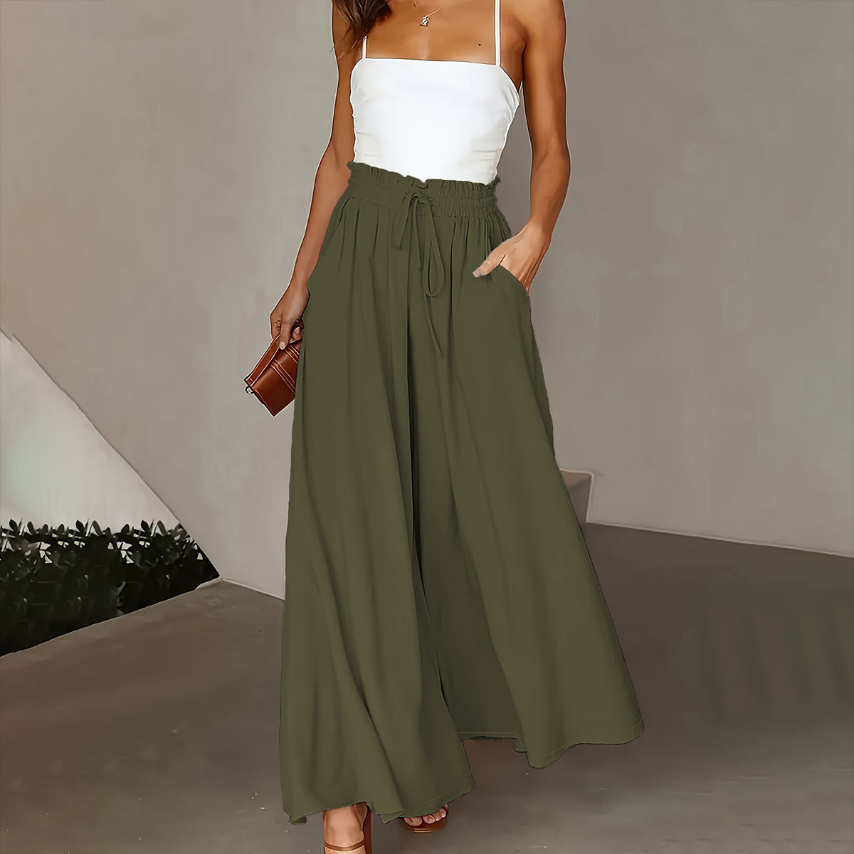 Plus Size Wide Leg Pants - Stylish Solid Paper Bag Waist Design, Elegant Pocket Tie Front, Loose Fit For Comfort, Perfect For Spring & Summer, Women's Fashionable Clothing For Curvy Figures