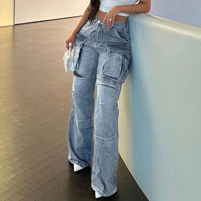 Women's Large Pocket Stitching Tooling High Waist Straight Jeans