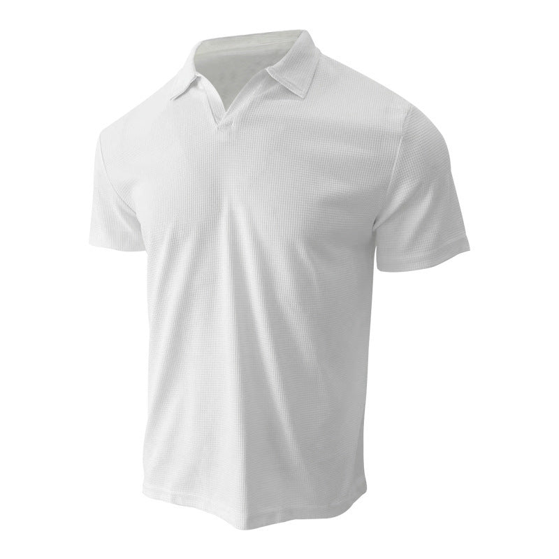 INS Waffle Lapel Short-sleeved T-shirt Summer Fashion Solid Color V-neck Polo Shirt Tops Men's Clothing