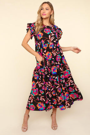 Haptics Ruffled Printed Round Neck Cap Sleeve Dress