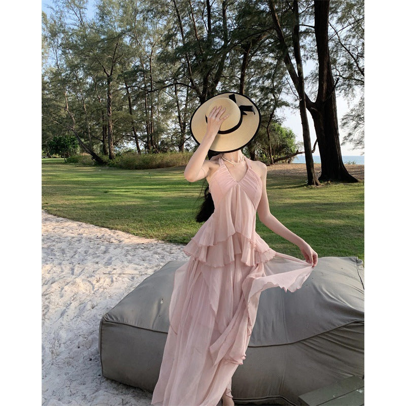 Summer Seaside Vacation Irregular  Halter Spaghetti Straps Backless Dress Women