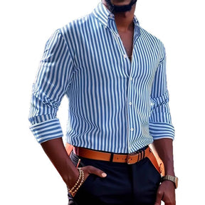 Ins Stripe Printed Long Sleeve Shirt Men Fashion Casual Lapel Button Top Clothing