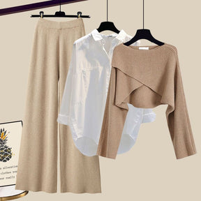 Knitted Sweater Shirt Wide Leg Pants Three-piece Set Autumn And Winter Suit Women