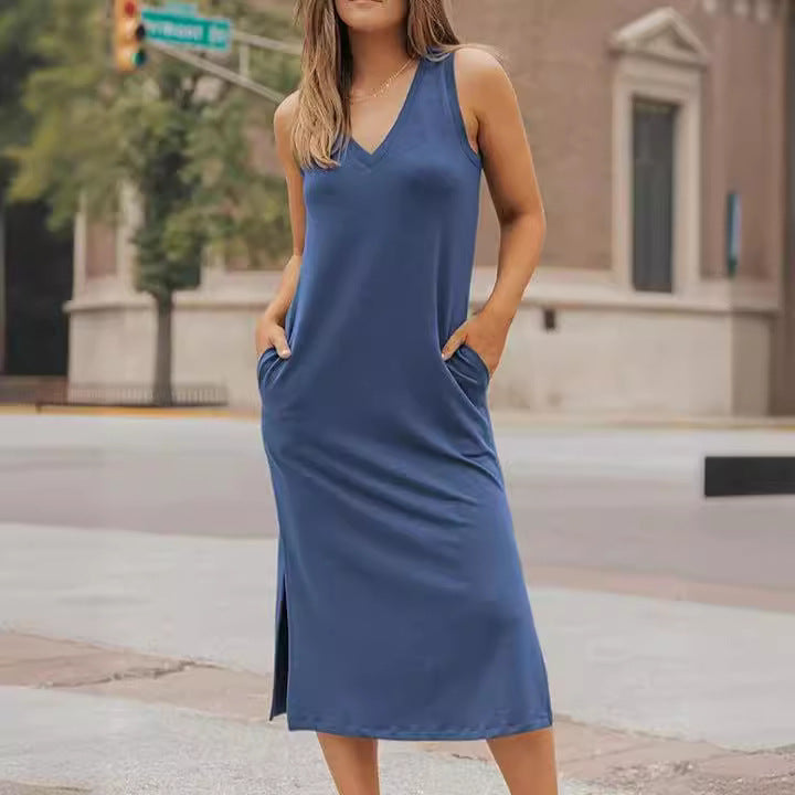Women's V-neck Slim Fit Solid Color Fashion With Pockets Dress
