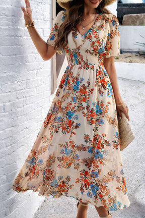 Smocked Floral V-Neck Short Sleeve Dress