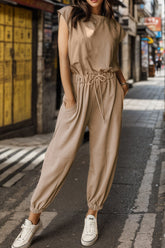 Drawstring Round Neck Cap Sleeve Jumpsuit