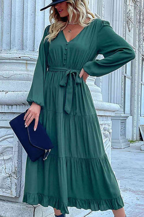 Buttoned V-Neck Puff Sleeve Tiered Dress