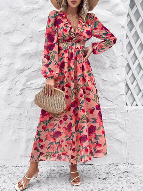 Cutout Printed V-Neck Balloon Sleeve Dress