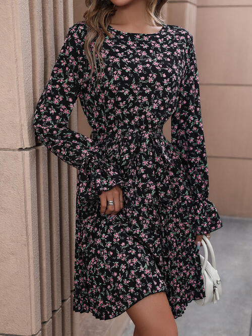 Floral Tie Front Long Sleeve Dress