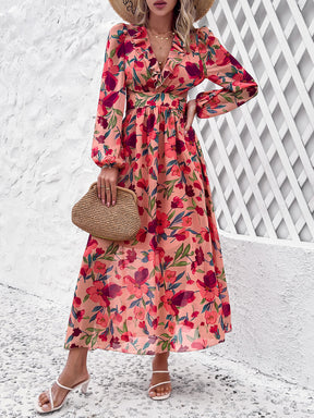 Cutout Printed V-Neck Balloon Sleeve Dress