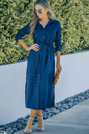 Button Front Textured Slit Shirt Dress with Belt