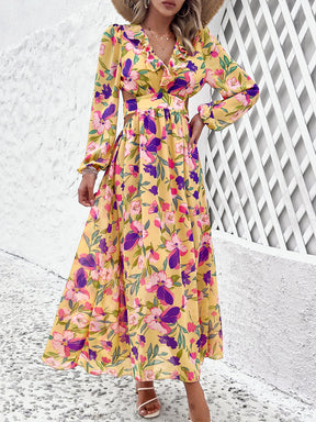 Cutout Printed V-Neck Balloon Sleeve Dress