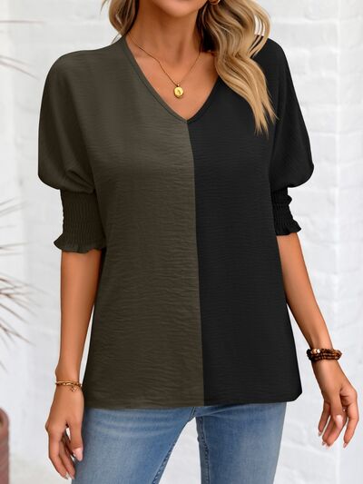 Contrast V-Neck Lantern Sleeve Blouse