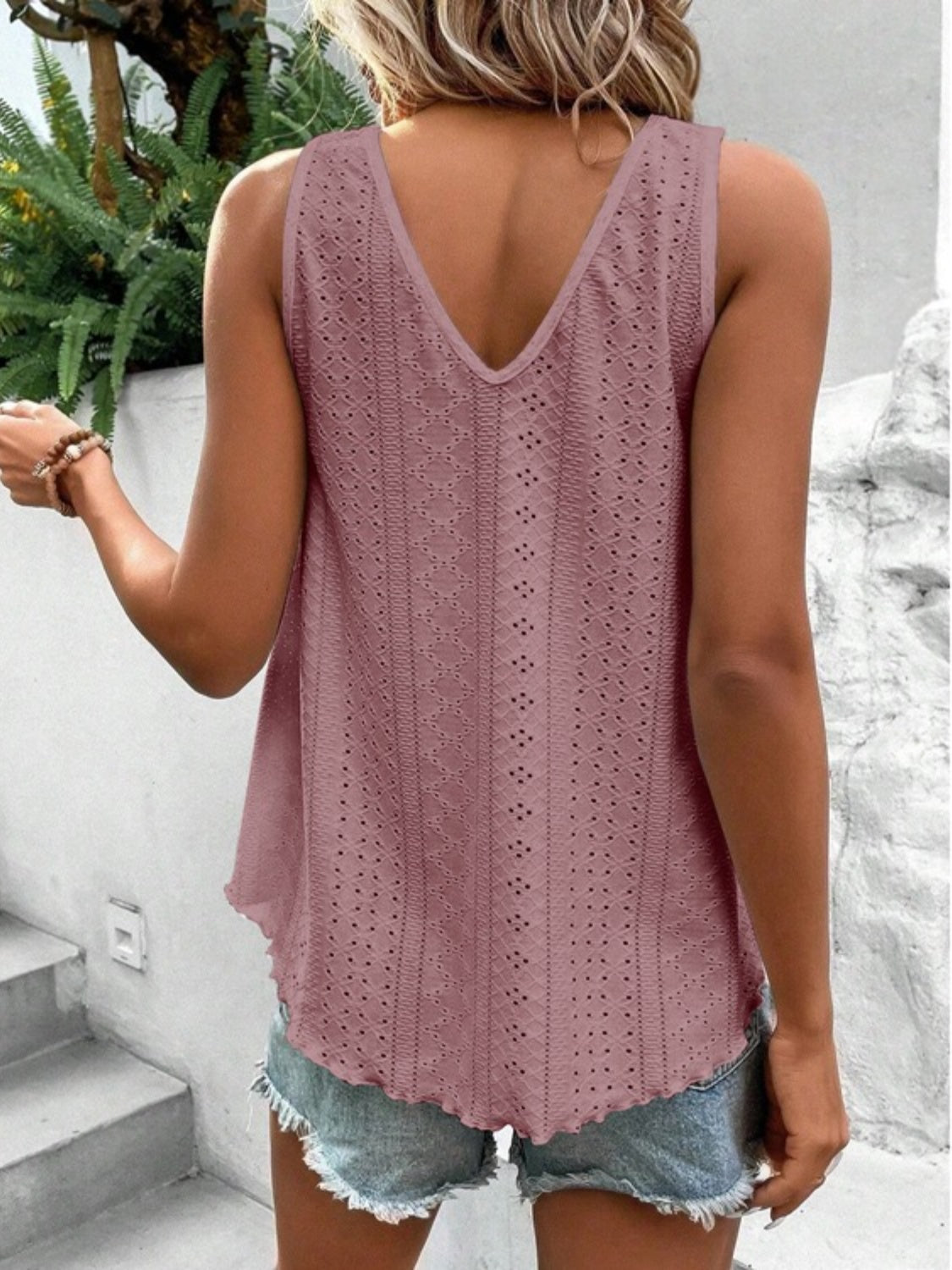 Eyelet V-Neck Wide Strap Tank