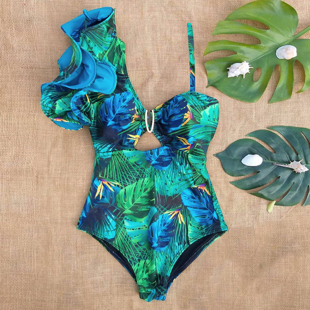 Sexy One Shoulder Ruffle One Piece Swimsuit Print Floral