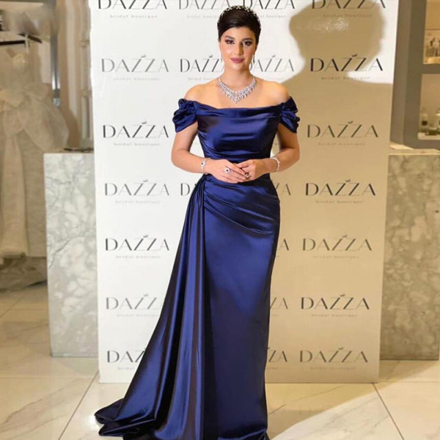 Elegant Navy Blue Prom Dress With Detachable Train Simple Boat Neck