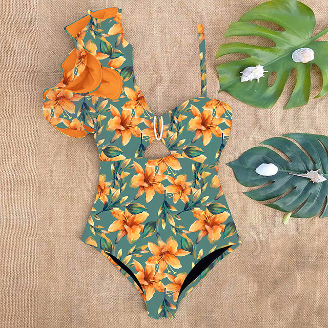 Sexy One Shoulder Ruffle One Piece Swimsuit Print Floral