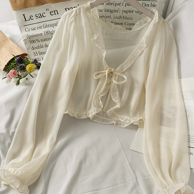 Women Casual Lace Bow Summer Sun Protection Blouse