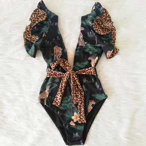 2022 New Sexy Ruffle Print Floral One Piece Swim Suit
