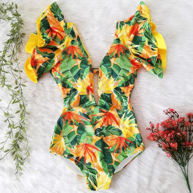 2022 New Sexy Ruffle Print Floral One Piece Swim Suit